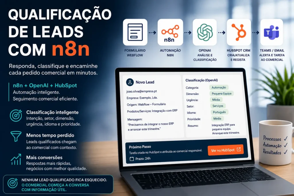 Qualificação de leads com n8n, OpenAI e HubSpot para automatizar a triagem e o seguimento comercial.